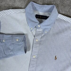 Ralph Lauren Shirt Men's Large Blue Striped Long Sleeve Button Up Flesh Pony